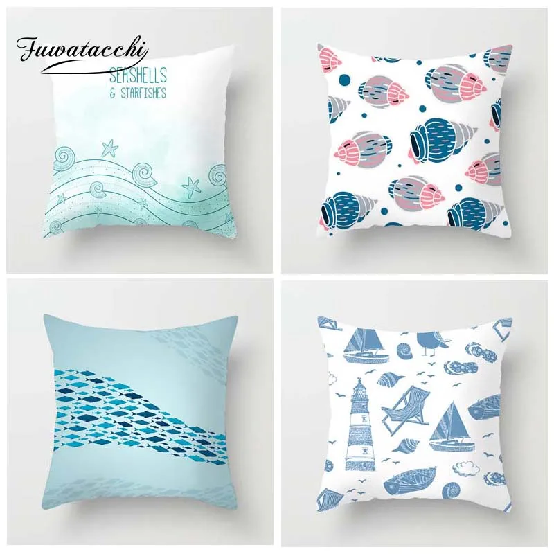 

Fuwatacchi Fresh lovely Style Cushion Cover Shell Conch Seahorse Seafish Printed Pillow Cover Decorative Pillows For Sofa Car