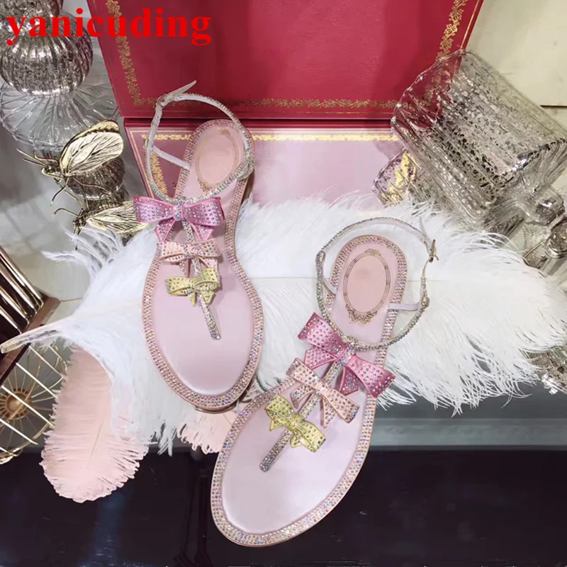 

Colorful Crystal Embellished Butterfly Knot Decor Women Sandals Flip Flop Summer Flats Buckle Design Shoes Brand Sapato Feminino