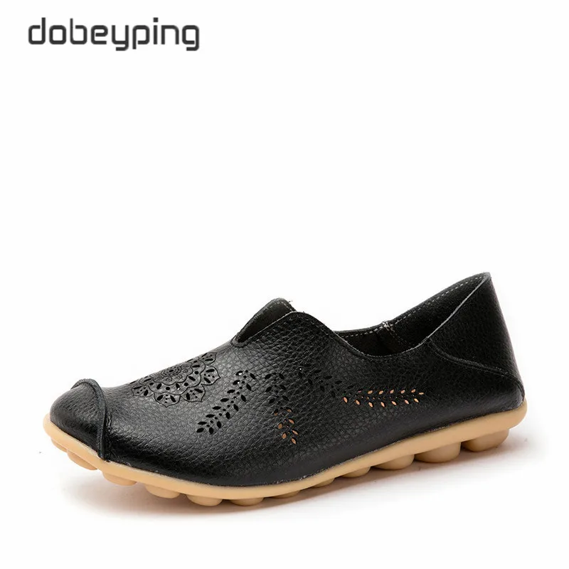 Dobeyping/Новинка; женская обувь с вырезами; женская обувь из натуральной кожи на плоской подошве; летние женские лоферы; женская однотонная обувь; большие размеры 35-44 - Цвет: Hole Black