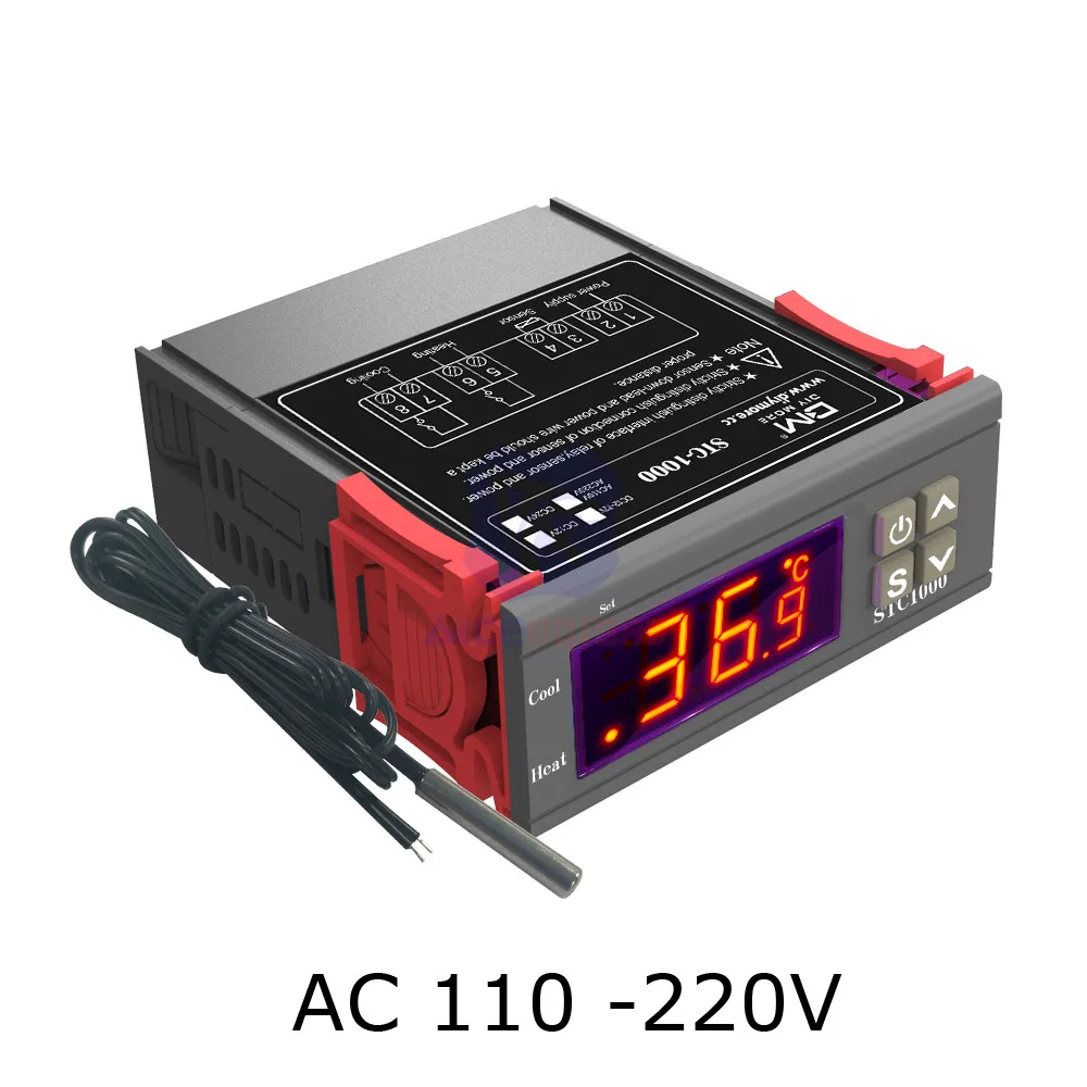 STC-1000, 110-220 В, 12 В, 24 В, 12-72 в, 10 А светодиодный цифровой трубчатый регулятор температуры, термостат, термометр с датчиком NTC 10K - Цвет: AC 110 -220V