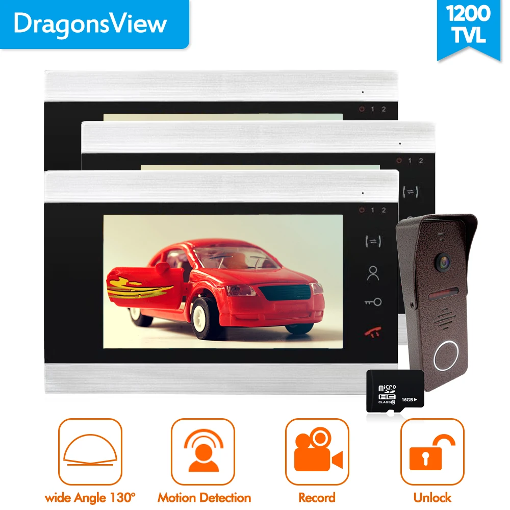 

Dragonsview Wide Angle 7 Inch Doorbell Intercom System Camera Touch Key 3/4/5/6 Monitors 1 Outdoor Station Record Unlock