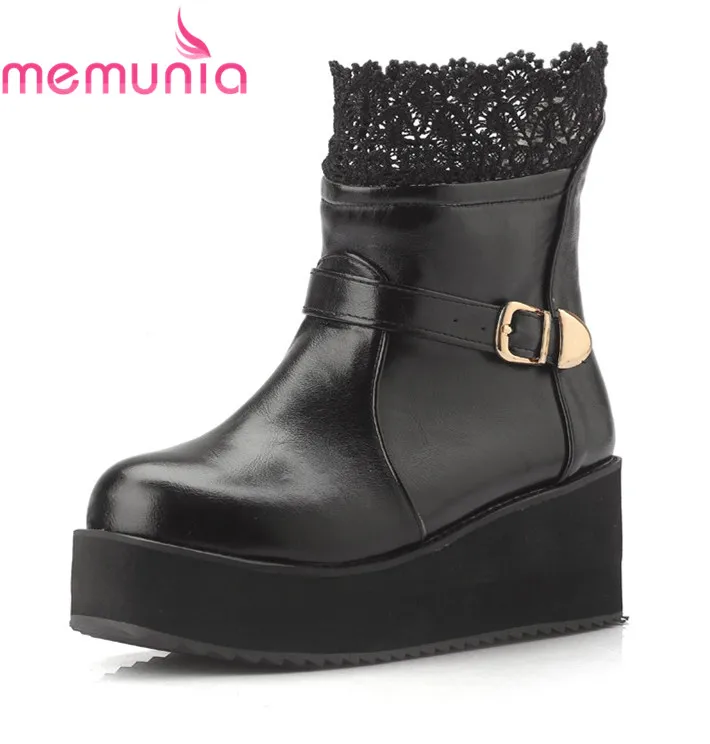 

MEMUNIA new arrival 2020 platform boots white black slip on ankle boots round toe ruffles buckle wedges boots solid womens shoes
