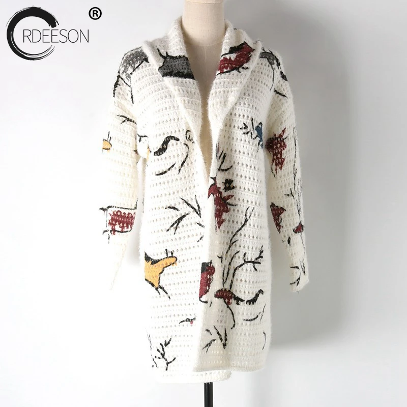 ORDEESON Korean Sweater V neck Long Cardigan Graffiti Printing Women Hollow Sweater Spring 2018 