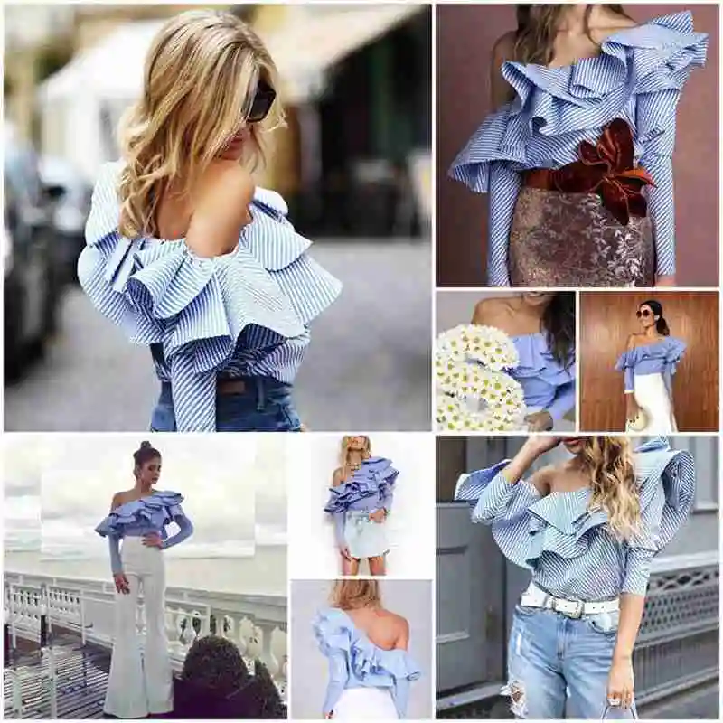 

Women's Summer Striped Two Layers Ruffles Off the Shoulder Long Sleeve Loose Blouse Casual Shirt New Pullover Tops