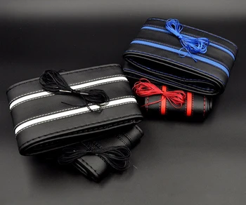 

DIY Car Steering Wheel Cover Leather Wheel-Cover With Needles and Lines Anti slip Braid On Hand-stitched Black 38cm Car Interior