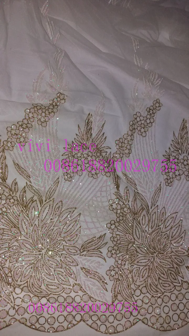 

HLS040 cream white gold hand print glued glitter 2 side net tulle mesh lace fabric for sawing/ evening dress/stage