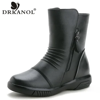 

DRKANOL Thick Wool Fur Winter Women Boots Warm Snow Boots Genuine Cow Leather Waterproof Mid Calf Boots Women Big Size 35-42