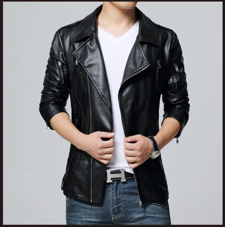 Mens Faux Leather Jacket Slim Fit Fashion Men Coat Motorcycle Biker Jacket Black