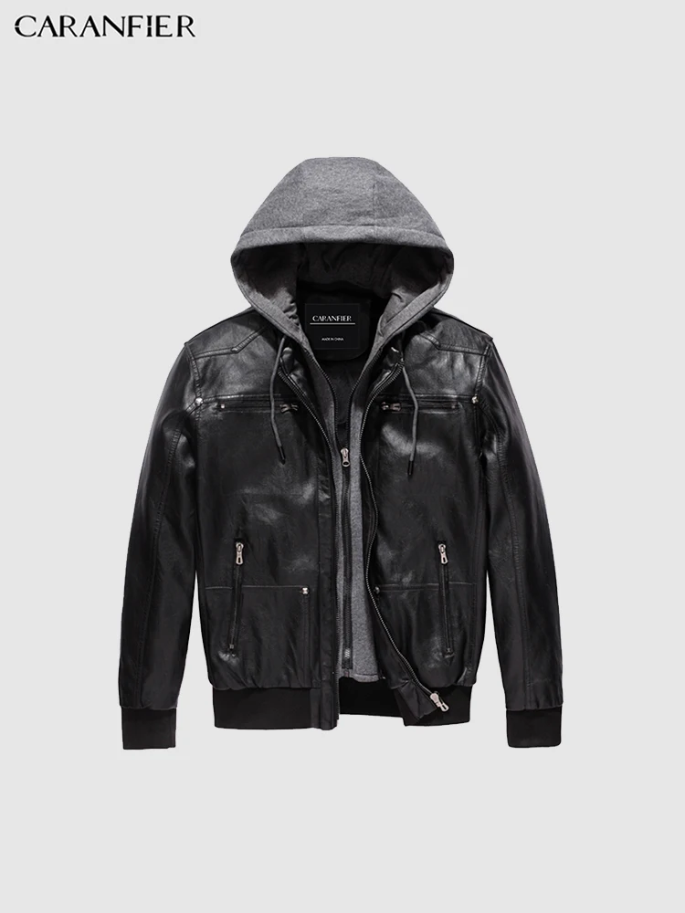 

CARANFIER Mens Leather Jackets Winter Plus Velvet Thicken Cotton Hooded Outerwear Casual Solid Zipper Motorcycle Biker Overcoats