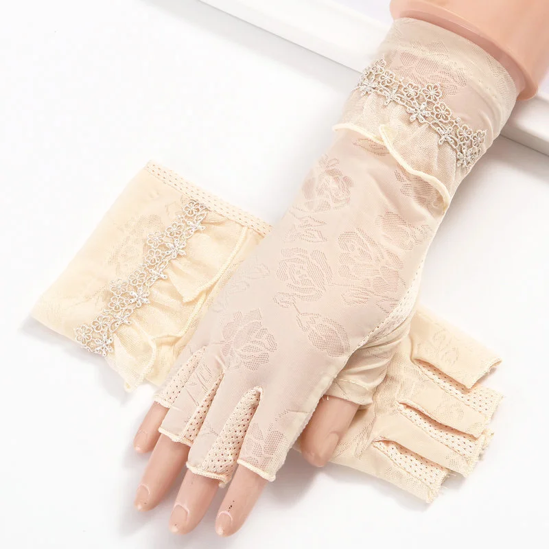 Женские перчатки с открытыми пальцами, тонкие, шелковые, весенние, эластичные, кружевные, летние, Солнцезащитный головной платок, летние, Нескользящие, 3-TBFS03 - Цвет: Beige