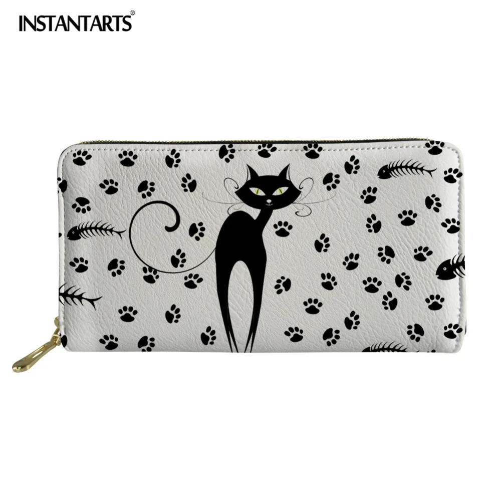 INSTANTARTS Lovely Black Cat Prints Long Wallet Interior Zipper Pocket PU Leather Women Pouch