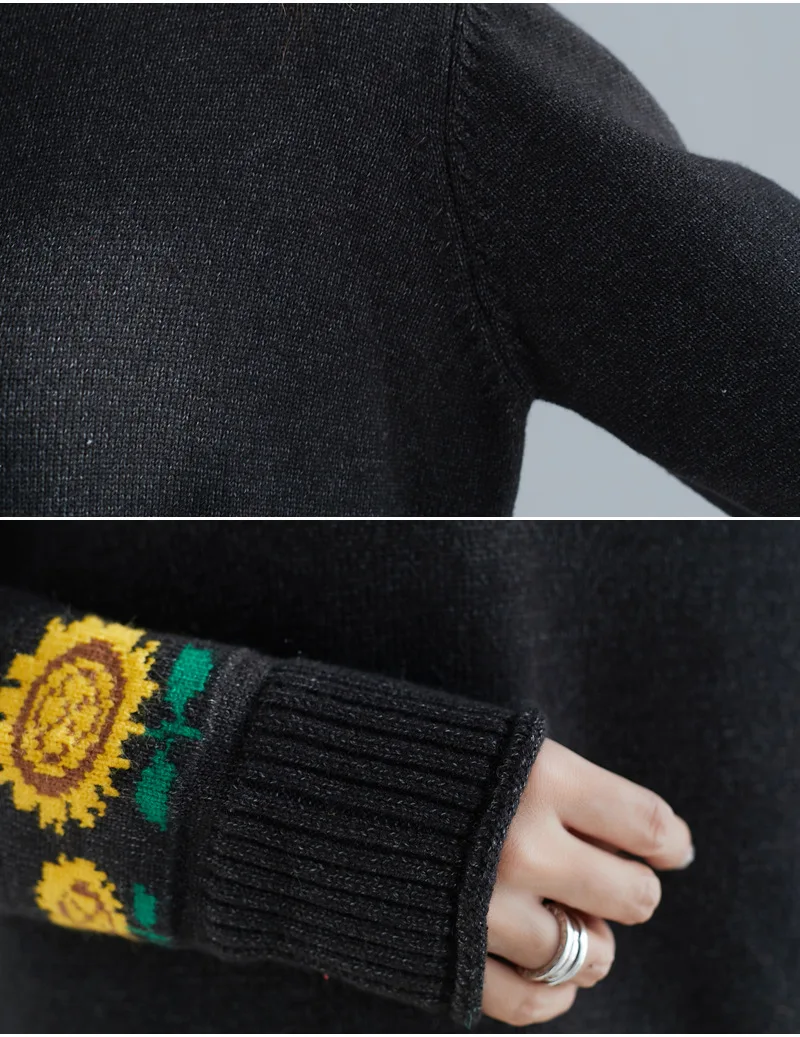 Женский свитер с вышивкой в виде подсолнуха, с круглым вырезом, вязаный, с длинным рукавом, плюс корейский Повседневный пуловер, весна, Новые свитера