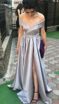 

Off The Shoulder Satin Long Evening Dress Slit Sexy Sleeveless Robe De Soiree Silver Abiye Gece Elbisesi Women Chic Formal Dress