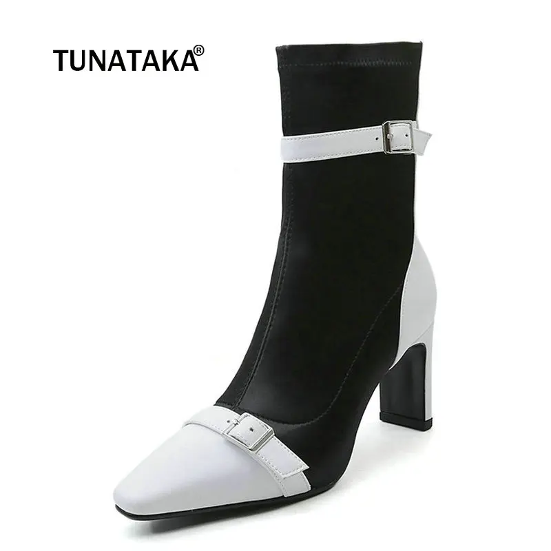 

Ladies Genuine Leather Square Heel Ankle Boots Fashion Zipper Mixed Colors Women Fall Winter Bootie Black White