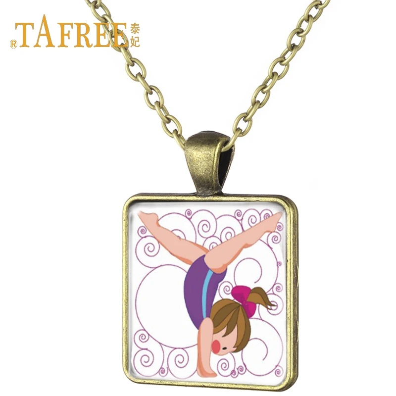 

TAFREE Fashionable lovely gymnastics square necklace Cartoon girl antique bronze plated for Woman gift necklace jewelry GY193