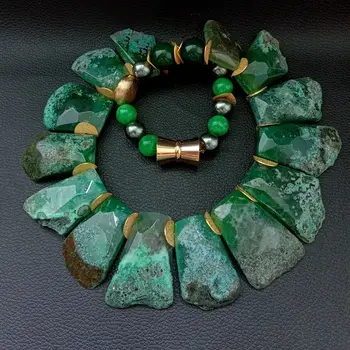 

21" Green Top-drilled fancy polished Gems golden plated charm Necklace