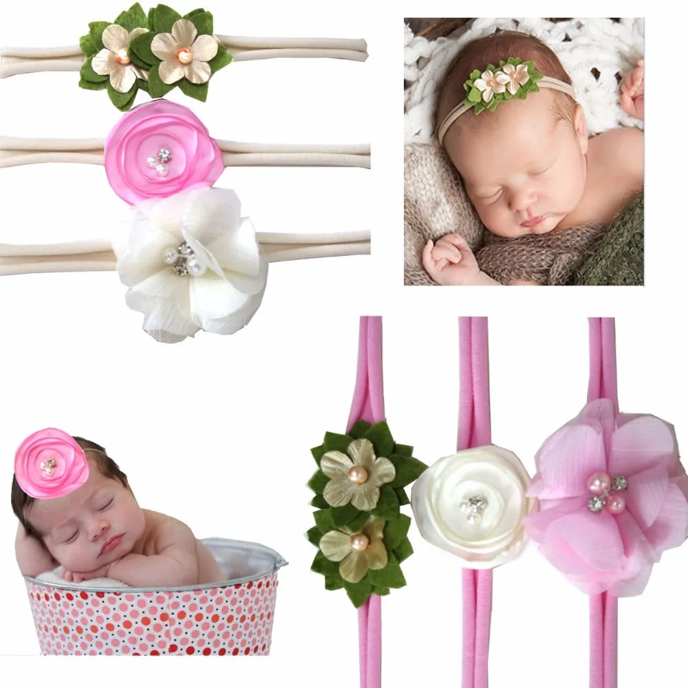 6Pcs Baby Nylon Headbands Headband with Pearls Flower Bows Soft Elastic