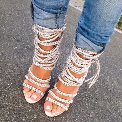 Chain Rope Lace Up Sandals Women Lace-up Thin Heel Party Dress Shoes Cut-out Strappy Saandals Boots for Women 2018 Free Ship strappy dress with lace up detail