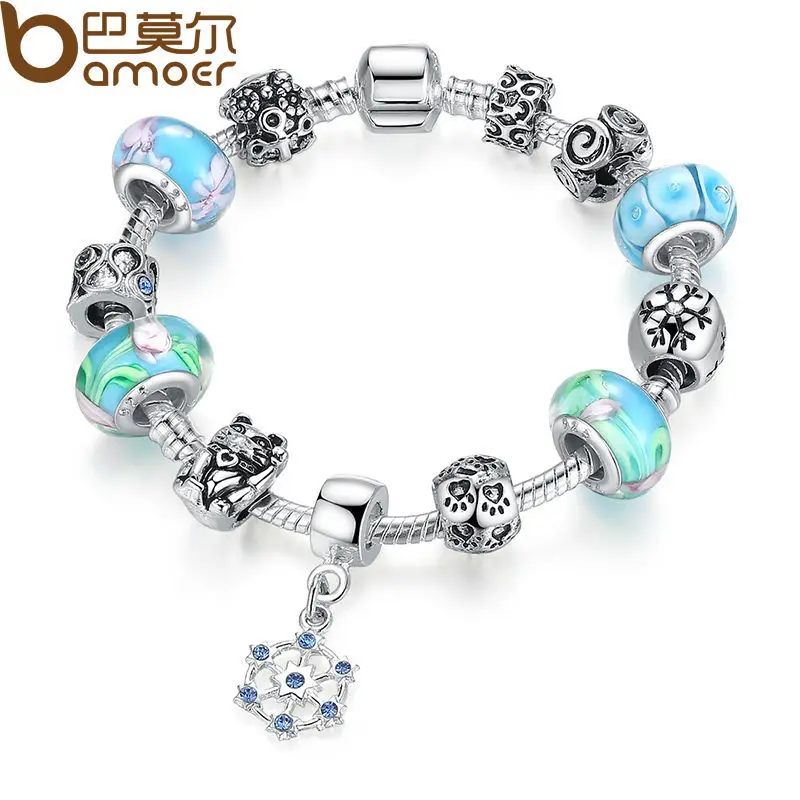 font b BAMOER b font Classic Silver Plated Strand Bracelet With Blue Beads Round Pendant