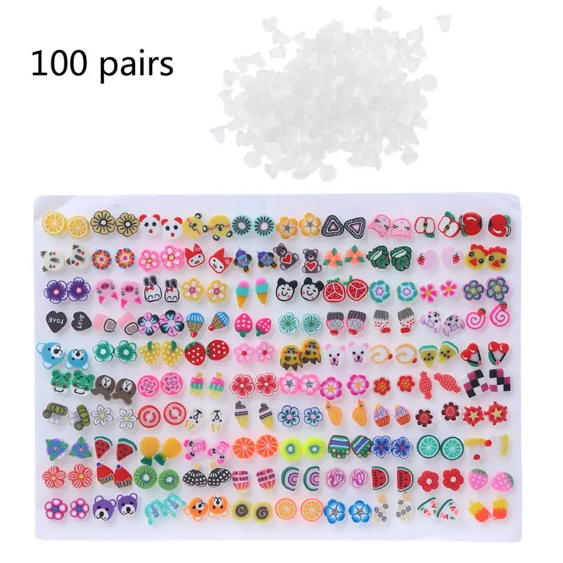 100 Pairs Assorted Styles Polymer Clay Hypoallergenic Stud Earrings Lot for Kids - Metal Color: 4