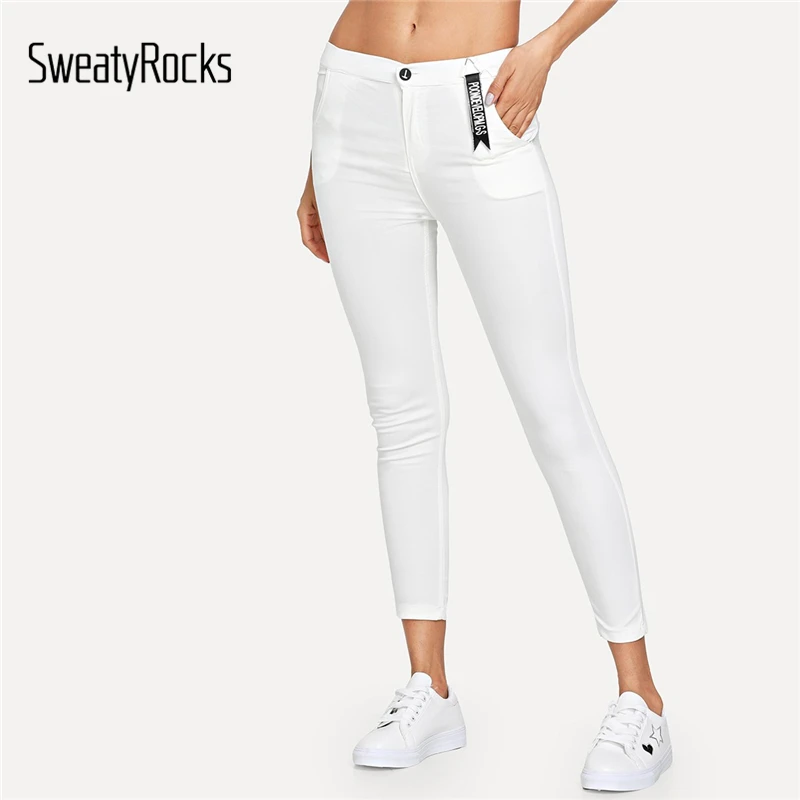 

SweatyRocks Solid Skinny Pocket Jeans Streetwear Stretchy White Denim Pants 2019 Spring Straight Leg Women Skinny Jeans