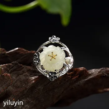 

KJJEAXCMY boutique jewelry S925 Sterling Silver gilded antique inlaid and field jade white jade pearl Mei flower opens the high-