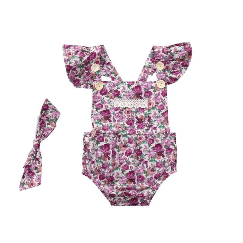 ARLONEET новорожденных ползунки девушка Цветочный принт с рюшами без рукавов Комбинезоны с открытой спиной оголовье, набор восхождение одежды