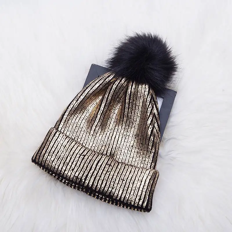 Knitted Bronzing Gold Silver Beanie Cap Pompom Winter Hats For Women Fur Pom Pom Ball Hat Ladies Girls Warm Skullies Beanies