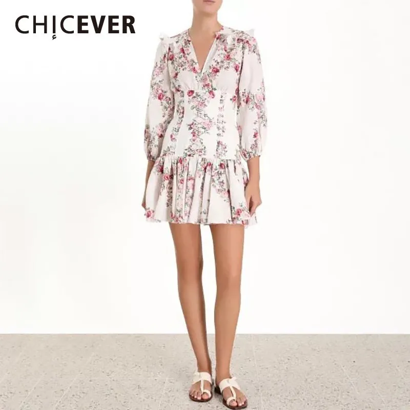 

CHICEVER Summer Casual Print Dress For Women V Neck Lantern Sleeve High Waist Ruffles Hem A-line Mini The Dresses 2019 Korean