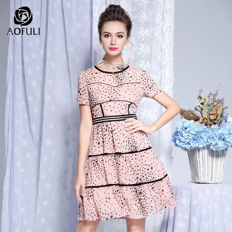

AOFULI L- 3XL 4XL 5XL Princess Style Ruffles Dress Plus Size Chiffon Casual Dress Short Sleeve Star Pattern Print Sundress C3395