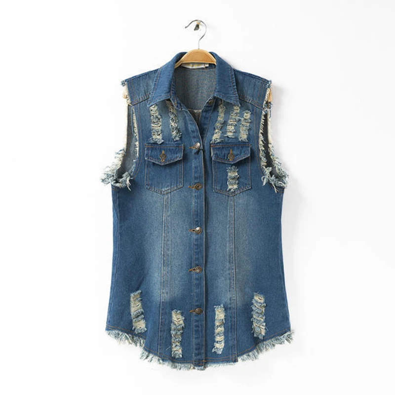 

Big Size Bust 130cm Hole Slim Women's Jeans Vests Streetwear Casual Denim Long Female Vest Cardigan Women Sleeveless Jeans Coats