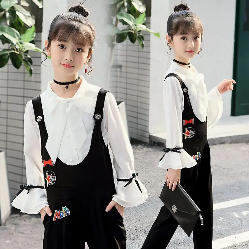 Girls Autumn Clothing Set Elegant Kids Clothes White Suit For Girl 6 8 12 13 14 Years Children's Costumes Casual Shirt+Jumpsuit