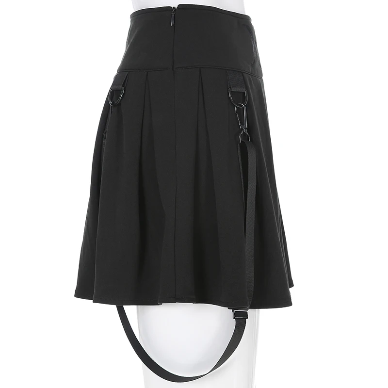 Черная плиссированная юбка на подтяжках в готическом стиле; уличная одежда с вышивкой в виде пентаграммы и Луны; Высокая талия в консервативном стиле; Летняя мини юбка
