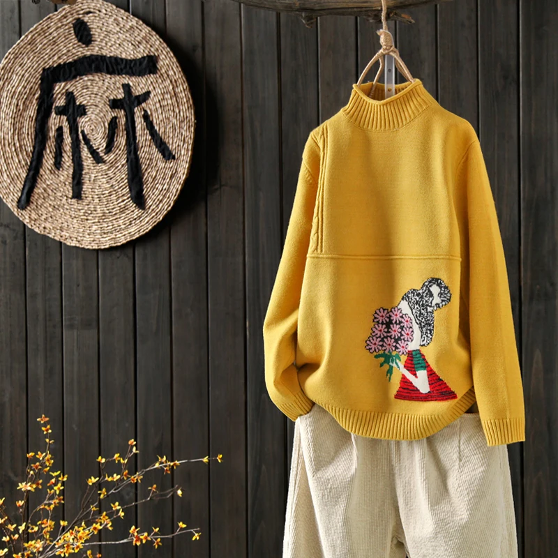 

Cartoon girl print vintage Half high collar pullover sweater mori girl 2018