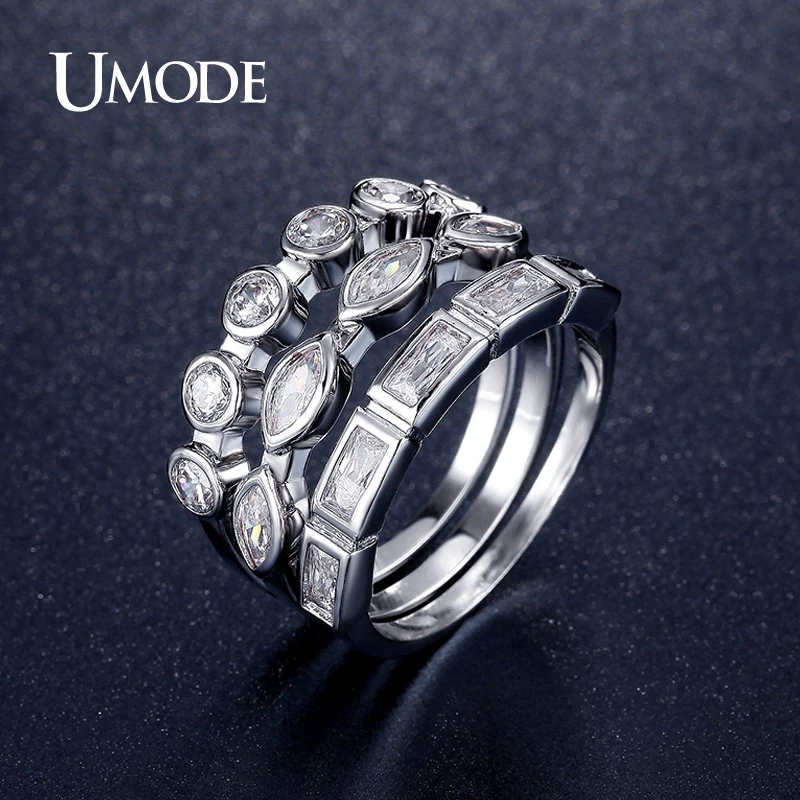 UMODE Fashion Stackable Rings White Gold Color Three Shaped CZ ring