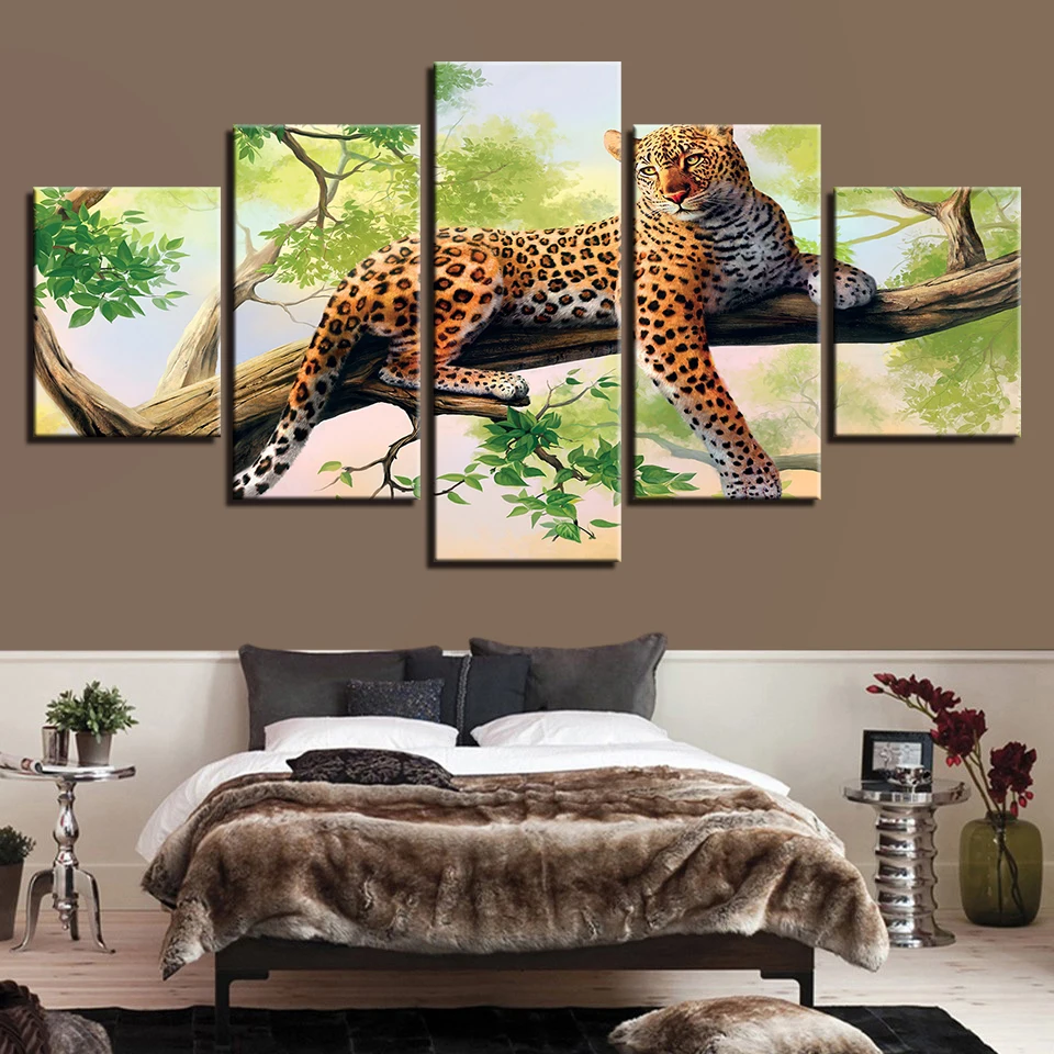 

Canvas Paintings Framework Living Room Home Decor HD Prints 5 Pieces Tree Leopard Pictures Modular Animals Tiger Poster Wall Art