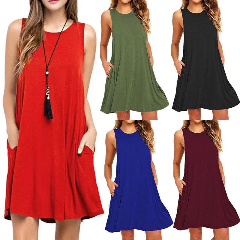 

2018 New Casual Woman Summer Boho Elegant Dress Sleeveless Loose Candy Color Mini Dresses Plus Size Woman Clothing Beach Dress