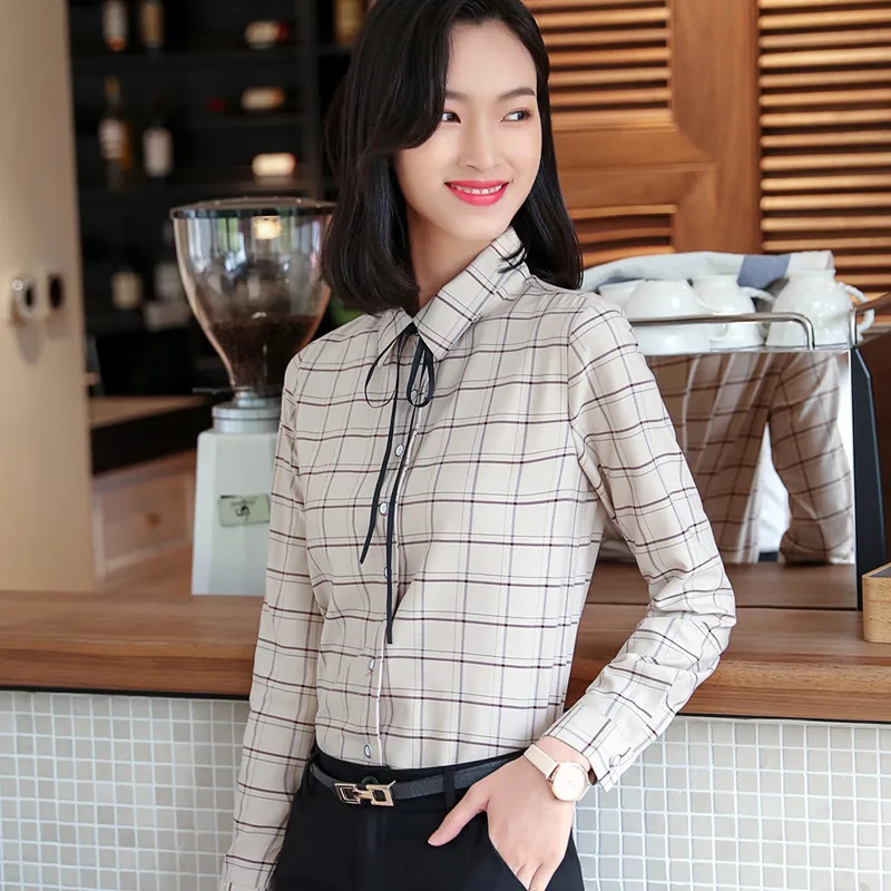 Профессиональная одежда осень зима женские блузки Новая мода ретро клетчатая рубашка с длинным рукавом темперамент офисные женские топы размера плюс