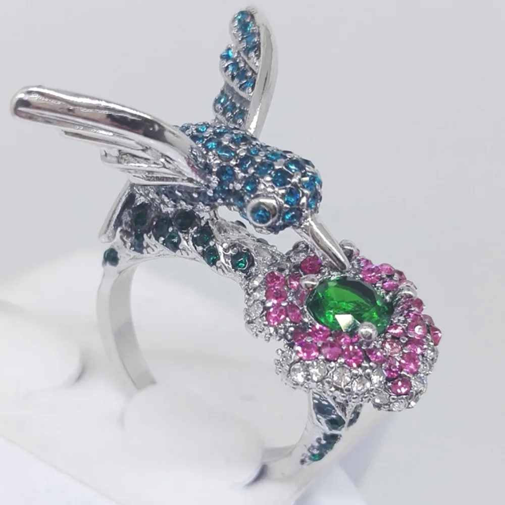 Fashion Women's Silver Plated Crystal Rhinestones Bird Flower Ring Wedding Engagement Jewelry Gift #267974