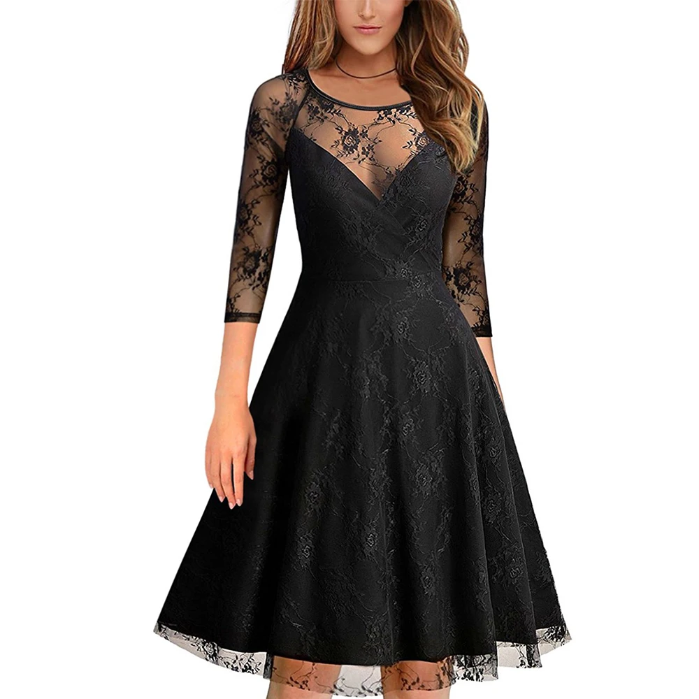 

FEIBUSHI Vintage 50s 60s sexy Lace dresses 2018 Women O Neck Slim Sexy Pin up Rockabilly Solid 3/4 Sleeve A-Line Fashion Dress