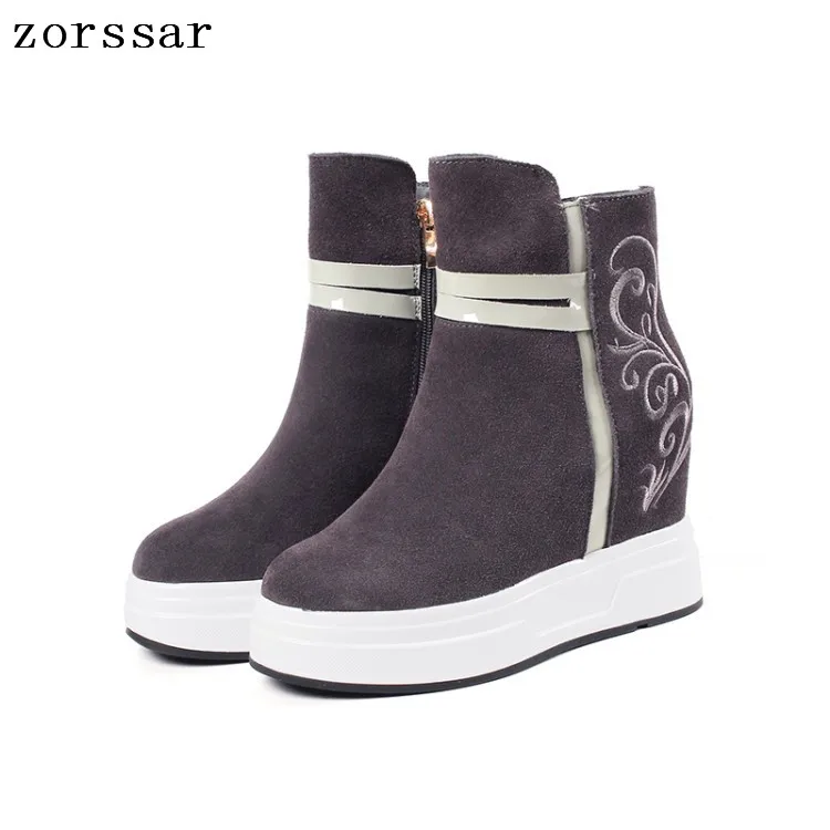 

{Zorssar} 2018 women winter boots sued leather height increasing shoes High heels women ankle boots Platform wedges heels boots