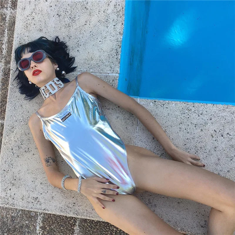 

2018 New Women Sexy Slash Neck Letter Print Bodysuit Summer Backless Silver Sleeveless Body Suit Playsuit Slim Fit Jumpsuit