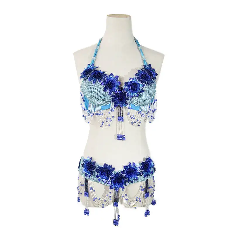 royal blue Новая женская Одежда для танцев египетские сверкающие бриллианты наряд цветы бюстгальтер от костюма для танца живота Пояс 2 шт Набор для девочек - Цвет: royal blue