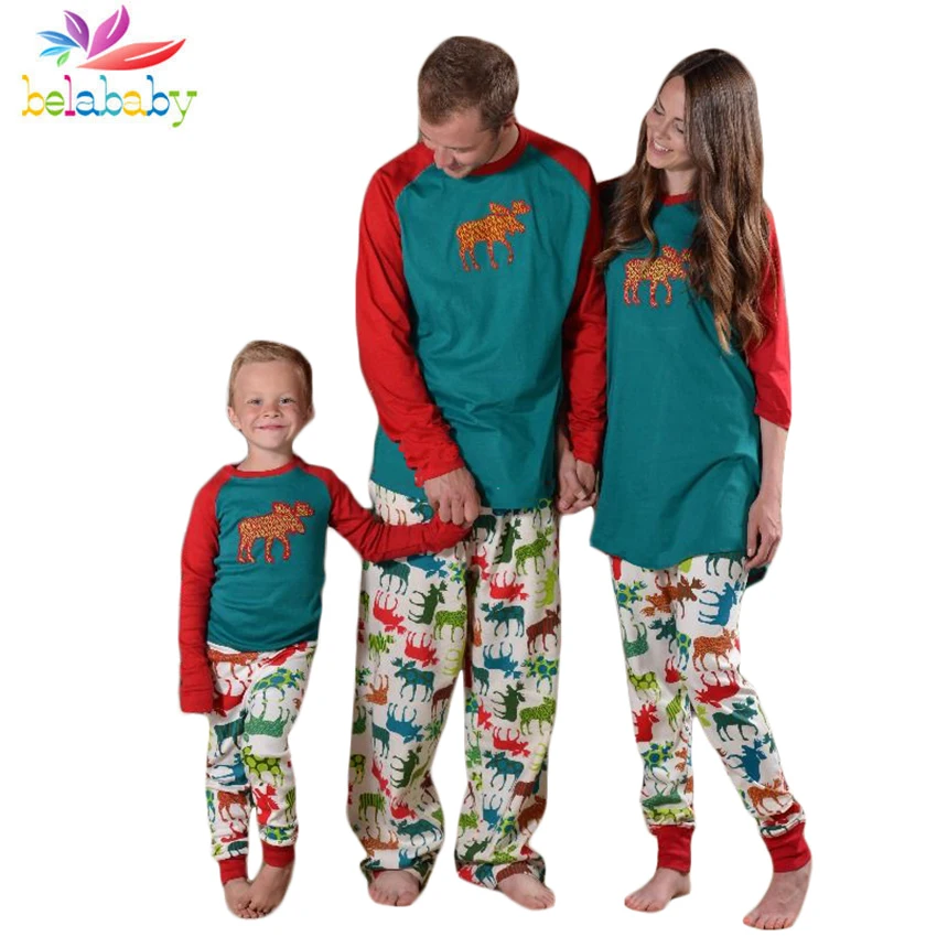 Belababy Family Pajamas Set 2018 New Christmas Costume 2PCS Long Sleeve+Trousers Santa Elk Print Stitching Parent-child Clothing