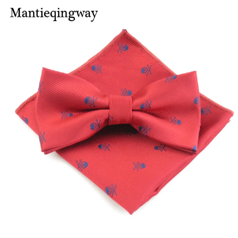 Mantieqingway полиэфир бабочку комплекты носовых платков для мужчин череп печатных Галстуки Для Свадьба Вечерние карманные квадратные носовые платки Галстуки - Цвет: red navy blue