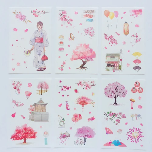 6 листов/упаковка Весна Розовый Сакура кимоно японская девушка Васи бумажные декоративные наклейки декор - Цвет: J