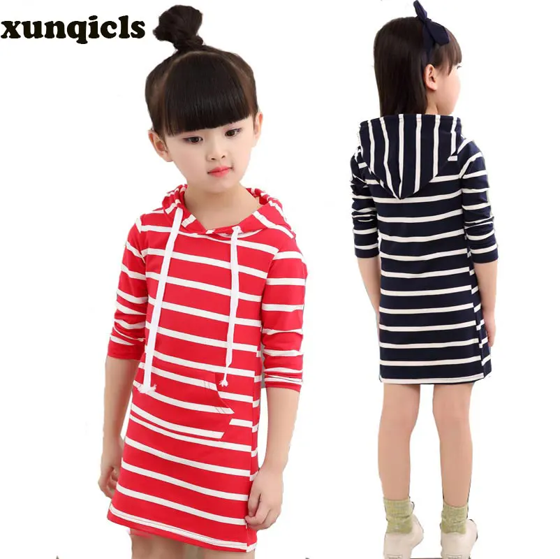  xunqicls 1-10Y New Baby Hooded Dress Casual Striped Girls Dresses Long Sleeve Kids Outwear Clothes