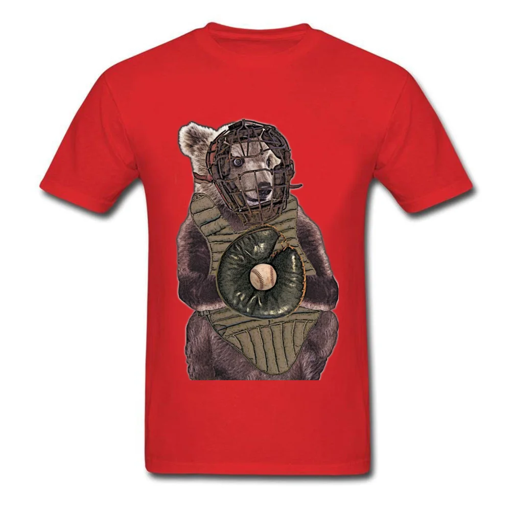 100% Cotton Men Short Sleeve Baseball Bear Catcher T-shirts Simple Style Tops Shirts Prevailing Design Round Collar Tee-Shirt Baseball Bear Catcher red