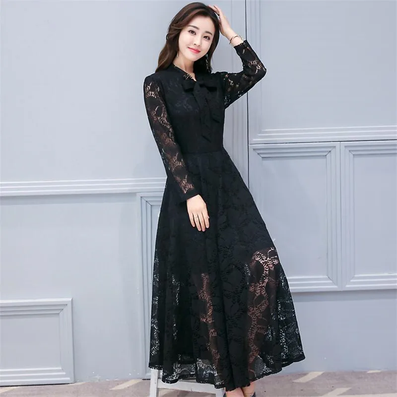 

Autumn Summer 2019 Lace Dress Women Fashion Office Dresses Pink White Black Full Sleeves O-neck Female Clothing Pleated Dress