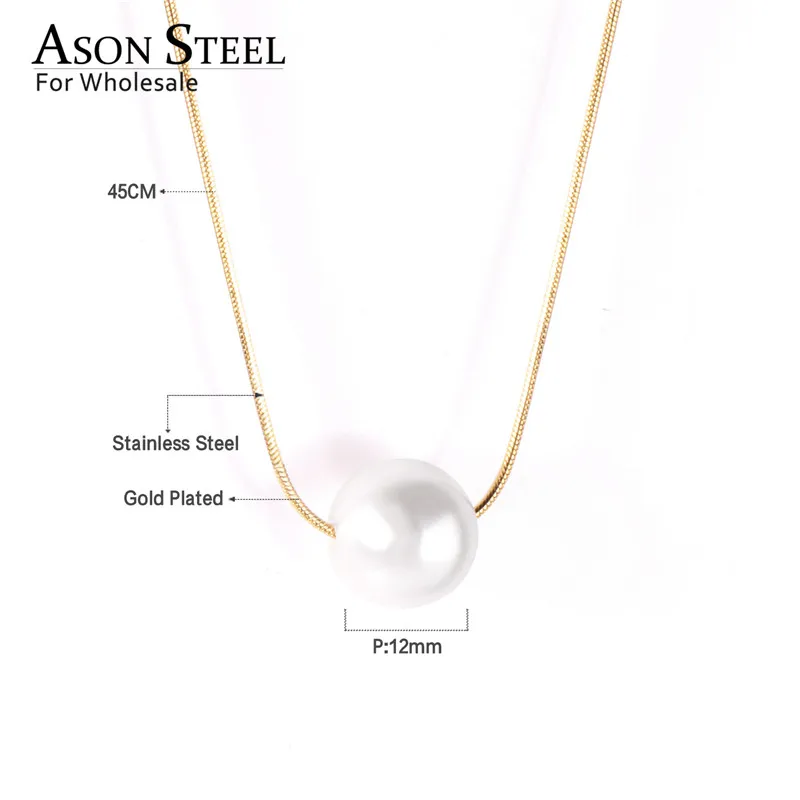 ASONSTEEL Gold/Silver White Black Round Imitation Pearl Pendant Necklace Stainless Steel Snake Chain Jewelry Collars Gift Party